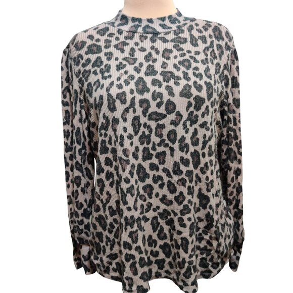 Maurices XL Leopard Print Ribbed Stretch Knit Mock Neck Long Sleeve Top Blouse - Picture 1 of 8